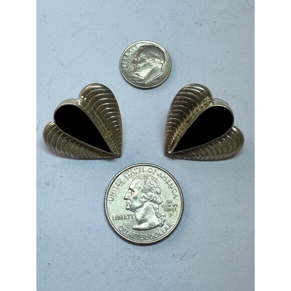 Estate Sterling Silver 925 ND Black Onyx Modernist Ribbed Heart Stud Earrings - Picture 6 of 8